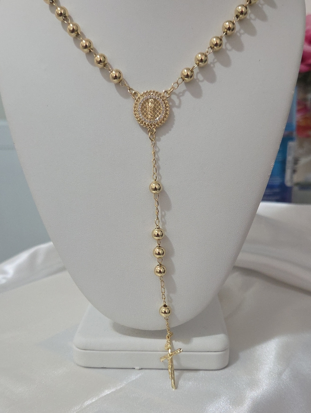14K Laminated Gold Rosary-Style Cross Necklace